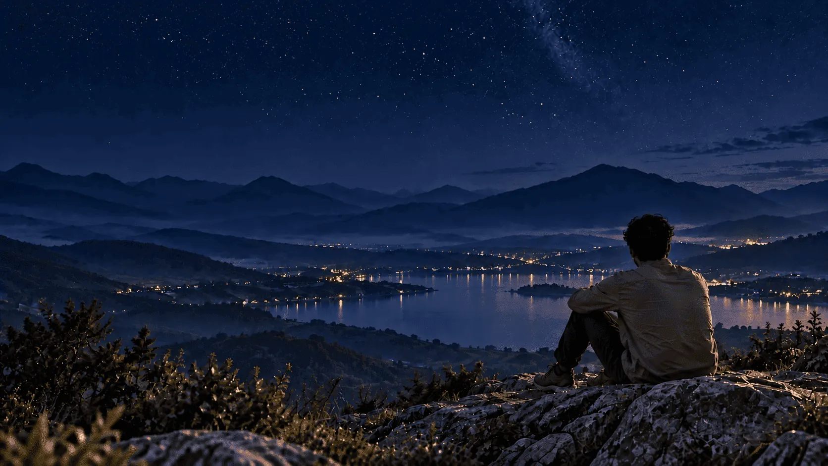 A man sitting alone on a rocky outcrop above a lake, watching the sun come up over the mountains.